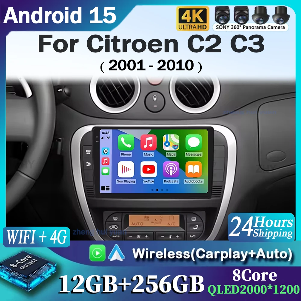Android 16 CarPlay Auto Car Radio Multimedia navigation video Autoradio Stereo For Citroen C2 C3 2001 2002 2003 - 2010