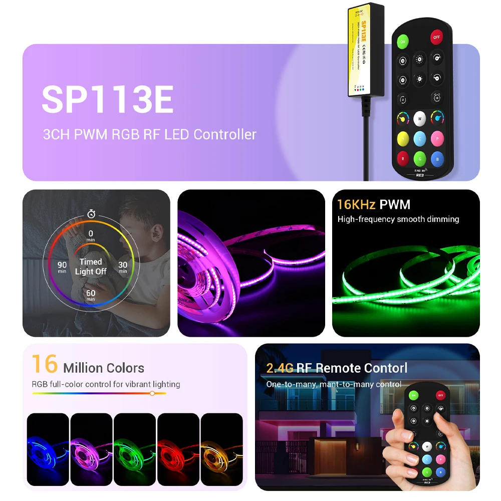 

3CH PWM RGB RF LED Controller 16 Million Colors 2.4G Remote Control 30M Range 16KHz Dimming Timer for RGB LED Strip DC 12V 24V
