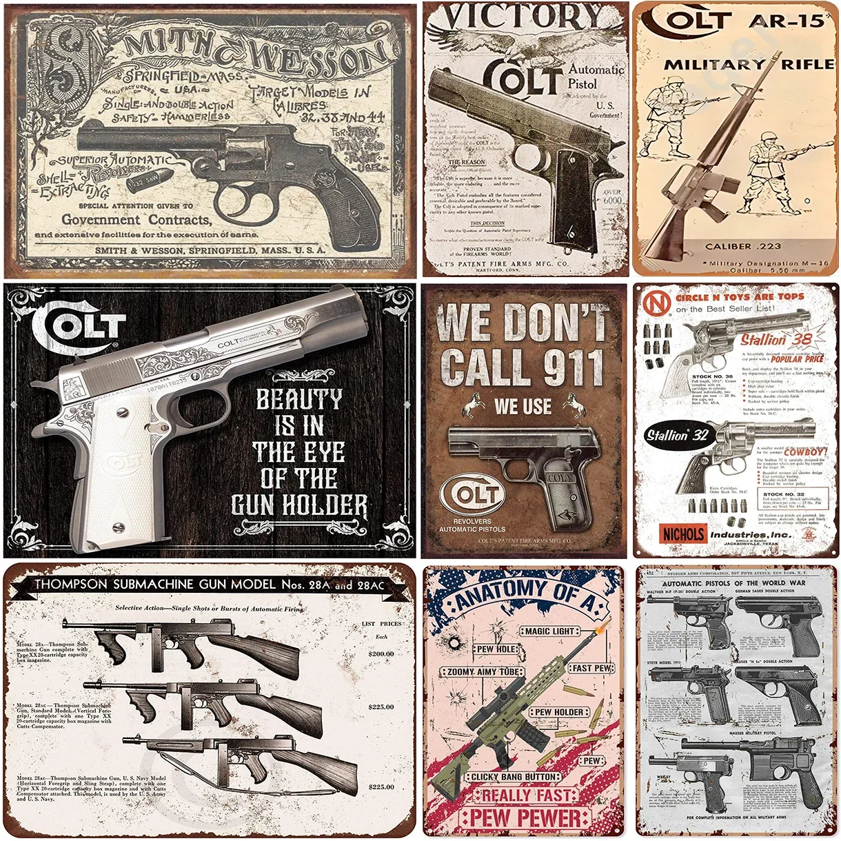 Vintage Metal Tin Signs HD New Pistol Browing Colt Remington Posters Garage Bar Club Cafe Man Cave Art Wall Decorativ Paintings