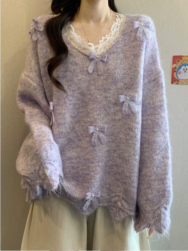 Women's V-neck Lace Trim Knot Sweater Inner Wear Loose Knitted Top plus Size Autumn Fashion Soft Polyester Fiber