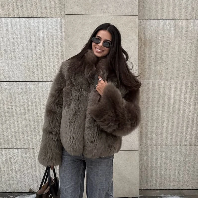 Winter Warm Faux Fur Coats Fashion Browns Long Sleeve Stand Collar Short Jackets 2025 Lady High Street Commute Outerwear