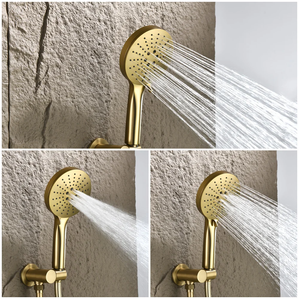 الراقية نحى الذهب الحمام الحنفيات في جدار دش المطر مجموعة الصلبة النحاس ثرموستاتي صنبور حوض خلاط جزءا لا يتجزأ من نظام دش حوض الاستحمام صنبور دش حديث فاخر مخفي لحوض الشلال مجموعة كاملة