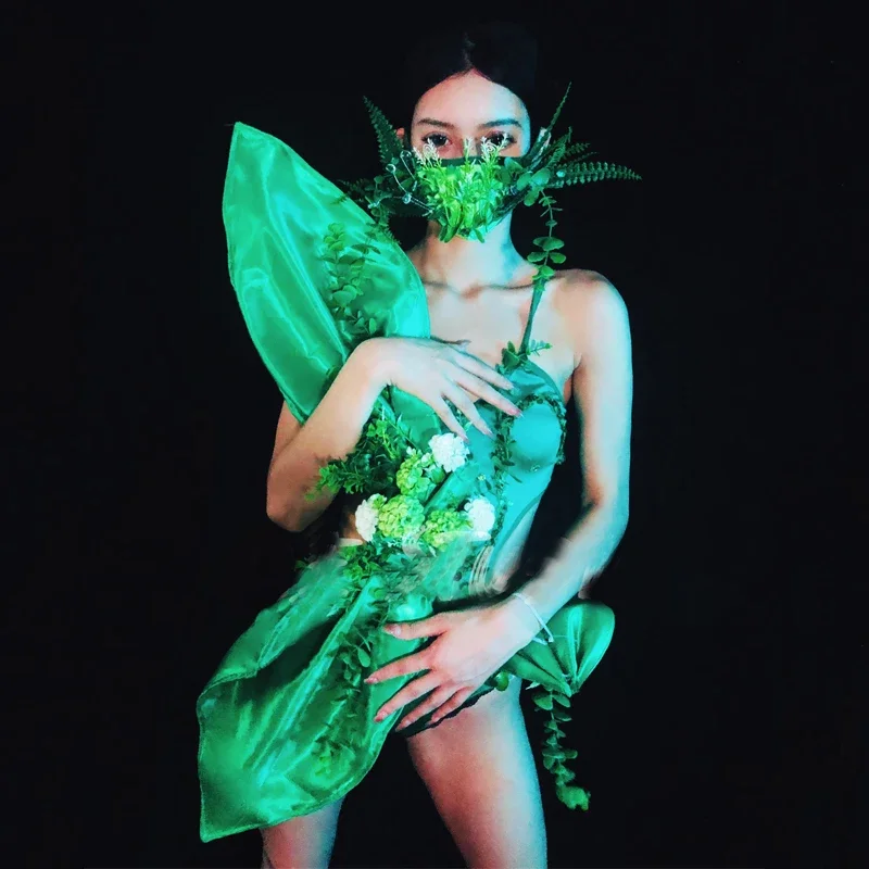 Sexy Green Leaf Butterfly Bodysuit Chic Mask Female Pole Dance Clothes Rave Outfit Bar Nightclub Dj Ds Gogo Costumes XS5064