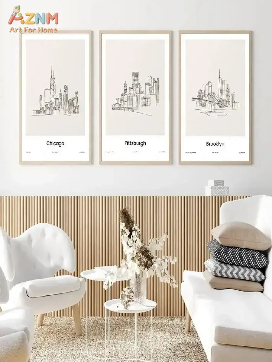 AZNM Minimalist One Line City Skyline Canvas Wall Art New York Toronto Florence Sketch Urban Landscape Unframed Canvas Poster