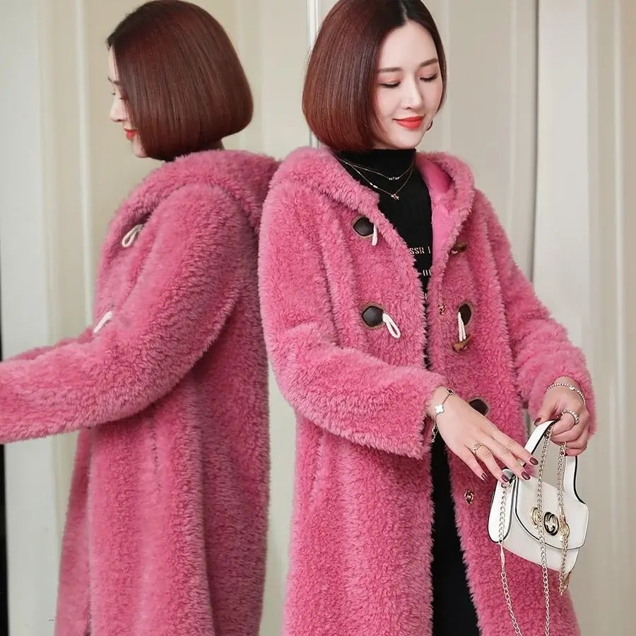 2024 Lady Jacket Real Whole Fur Coat Factory Direct Sale Winter Slim Warm Female  Long Hooded  Croissant Button P15