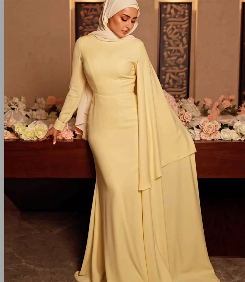 

Tulle Pleat O Neck Long Sleeve Mermaid Evening Dress Floor Length Sweep Train Long Ball Formal Party Woman Gown Customized