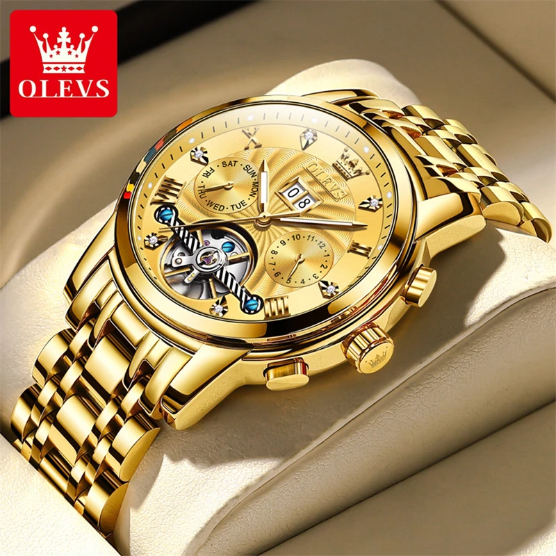 OLEVS Brand Luxury Gold orologio meccanico per uomo in acciaio inossidabile impermeabile calendario luminoso Fashion Tourbillon orologi da uomo