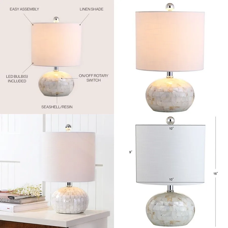 

16" Coastal Capiz Shell Mosaic Table Lamp for Bedroom Living Room, White Linen Shade, Transitional Cottage Nightstand Lamp, UL