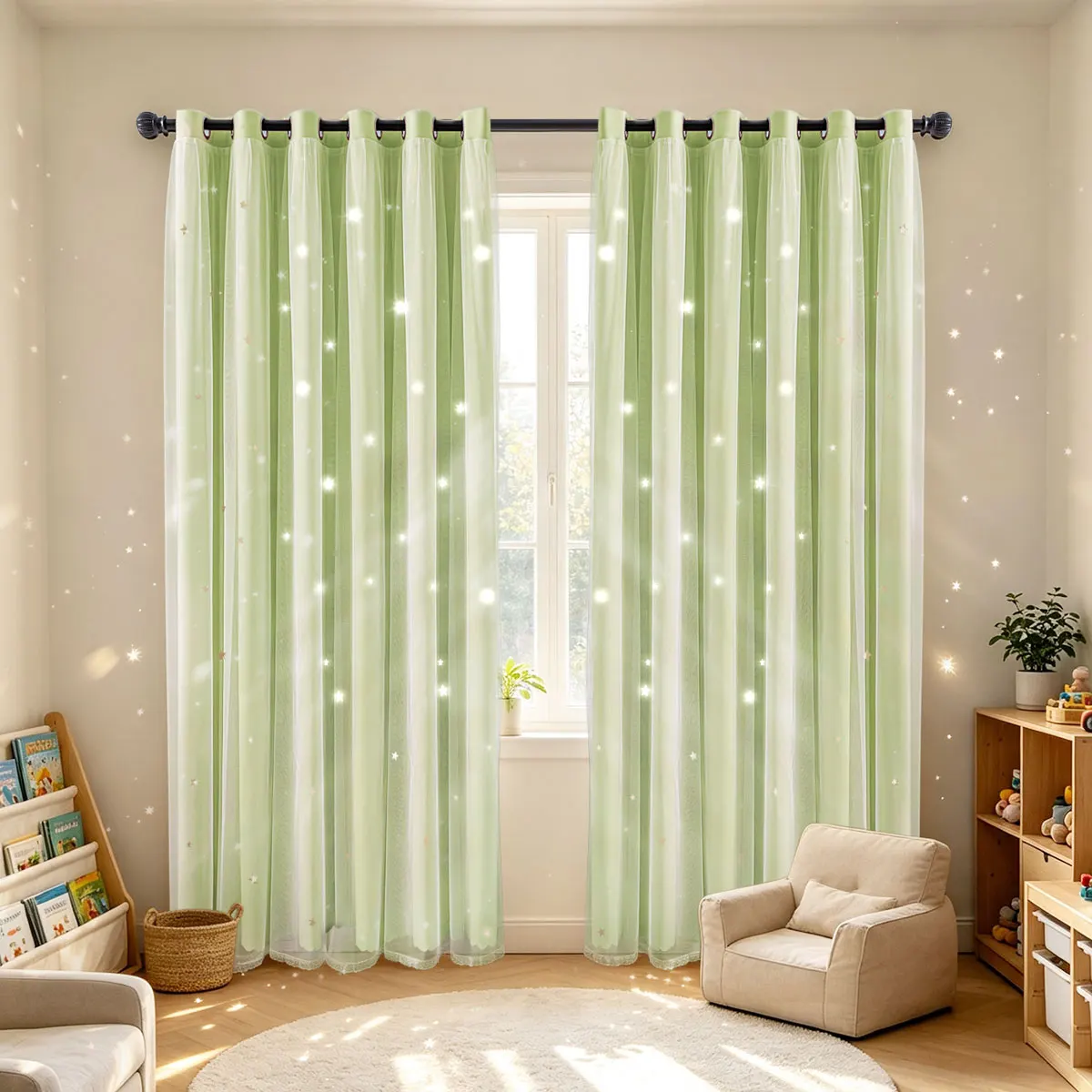 2pcs Matcha Green Star Cutout Double Layer Curtains, Korean Fresh Style, Lace Valance, Thermal Insulation Privacy Window Dra