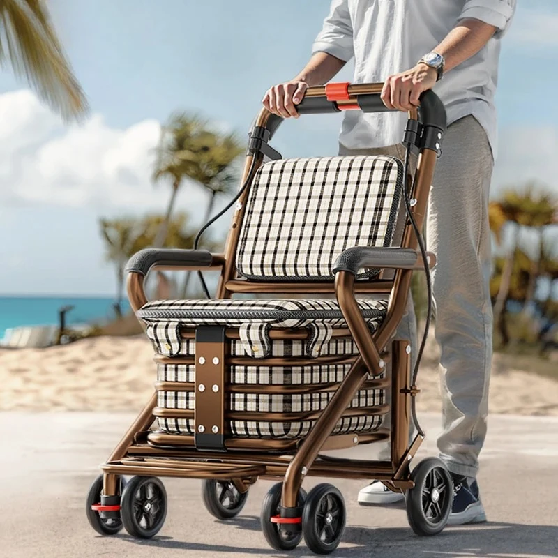 ‌Foldable Senior Walker with Seat - Lightweight Shopping Cart, Portable Grocery Trolley, Sturdy Mobility Aid for Elderly