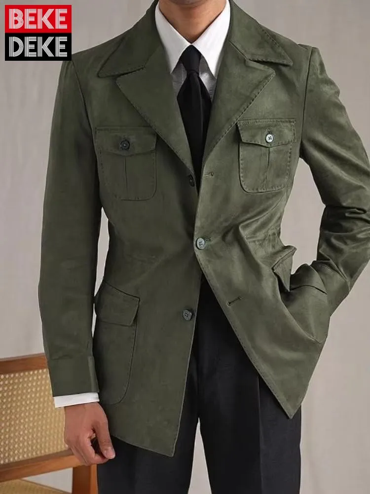 

Мужская осенняя винтажная деловая повседневная куртка из искусственной замши для офисной работы с регулируемой талией, однобортное пальто в британском стиле сафари