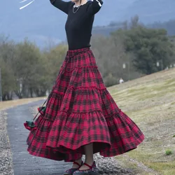 TIYIHAILEY Long Maxi Women Cotton Skirts Plaid A-line Elastic Waist  Winter Autumn Thick S-2XL Irregular Chinese 2026 New