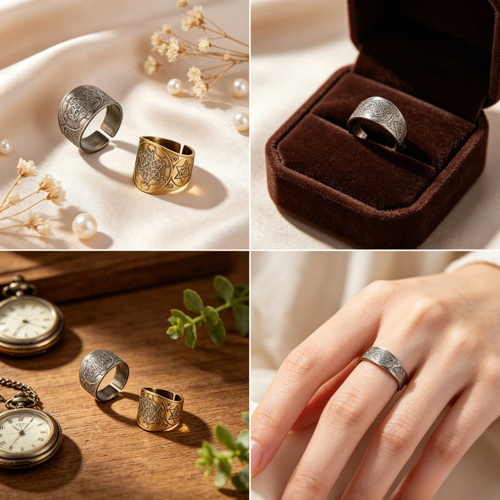 Metal Adjustable Open-ended Ring Golden Silver Engraving Metatron Hexagram Geometry Pattern Vintage Neutral Fashion Jewelry Gift