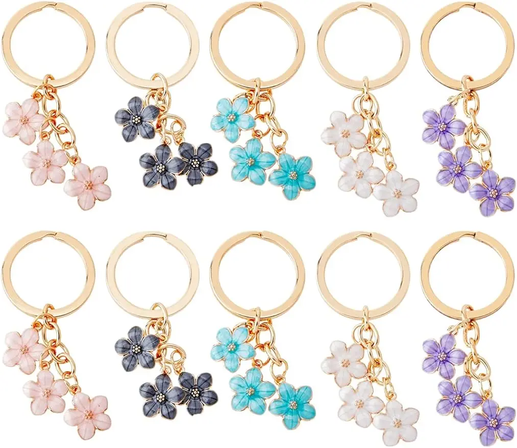 

10pcs Multi-colored Flower Keychains Cute Enamel Key Rings with Dangle Charms for Women Girls Purse Bag Decoration