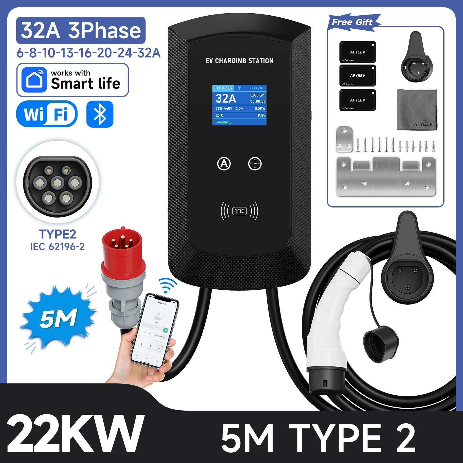 JNTAFEV 11KW 16A Type 2 EV-lader 32A 7.6KW/22KW Elektrische Autolader 1/3-fasig Oplaadstation Wallbox WiFi APP-besturing