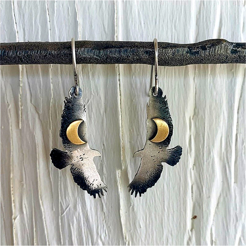 Vintage Exquisite Handmade Two Tone Birds Moon Drop Earrings Women's Fashion Unique Design Banquet Celebration Jewelry Accessory