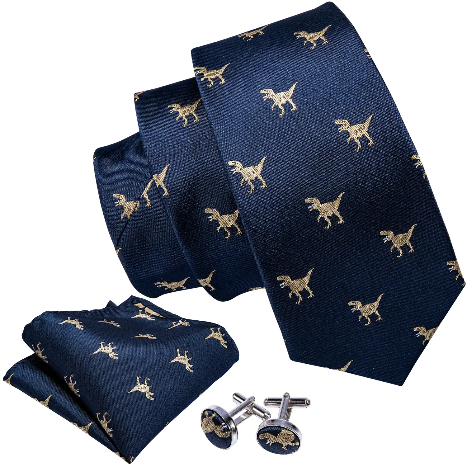 Barry.Wang Dinosaur Cock Eagle Dog Kangaroo Silk Men Tie Hankerchief Cufflinks Set Novelty Necktie for Male Wedding Business