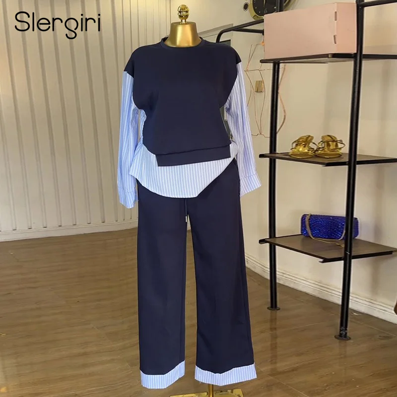 

Slergiri Women's 2 In 1 Striped Long Sleeve O-Neck Pullover Top with Elastic Waist Casual Trousers Matching Woman Two Piece Set