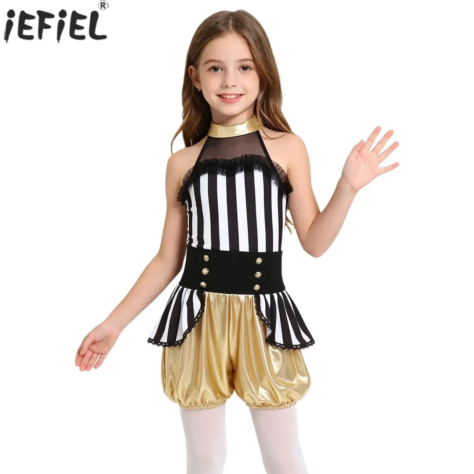 Kinder Mädchen Zirkusdirektor Cosplay Kostüm Ärmellos Gestreifter Metallic-Jumpsuit Karneval Party Auftritts-Outfit