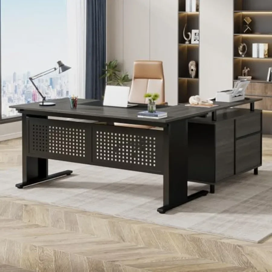L-shaped executive desk for home office use, made of engineered wood in walnut finish, featuring file cabinet, drawers, and sto
