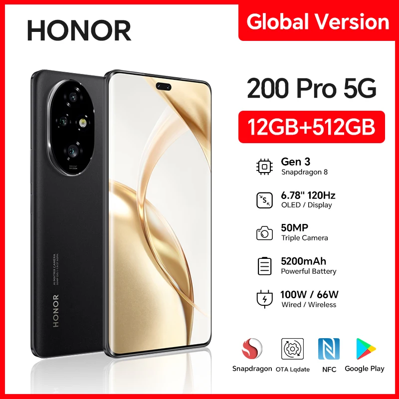 HONOR 200 Pro 5G, 12 ГБ + 512 ГБ, 6,7-дюймовый OLED-экран, Dual SIM-карта, тройная камера 50 МП, быстрая зарядка, смартфон Android