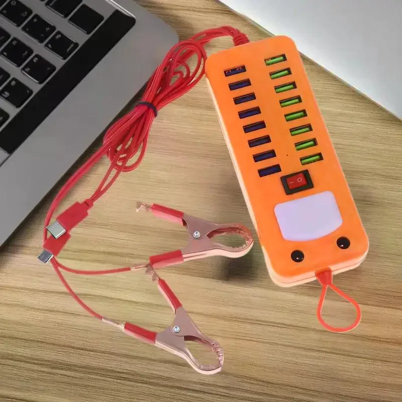 Top-Performance 12V 24V to 5V, 3.4A, 16-USB Port Adapter, Comes with a Battery Clip for Emergency Phone Recharging
