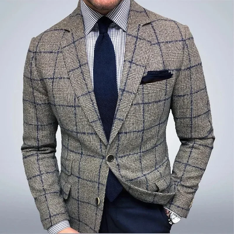 New Men\'s Slim Fit Plaid Suit Jacket 2023 Autumn Winter Blazers Men Vintage Single-Breasted Long Sleeve Turn-down Collar Blazers