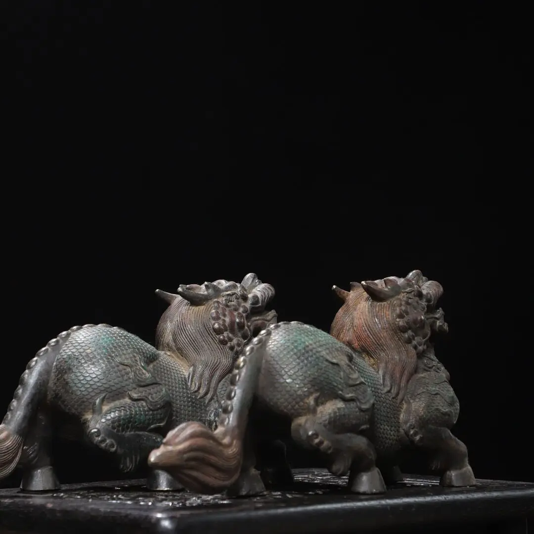 Large Pair Kirin Auspicious Beast Statue Pure Copper Gold Plated Home Temple Retro Altar Decor Ornament Gift