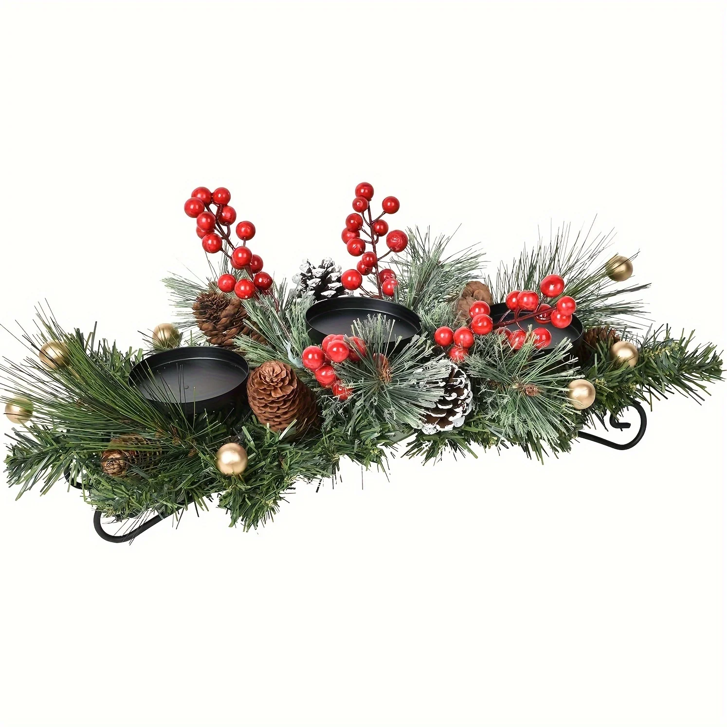 A Classic 22 Inch Christmas Stand Center Decoration - Artificial Pine Cones Golden Red Berry Decoration, With 3 Columnar Candle