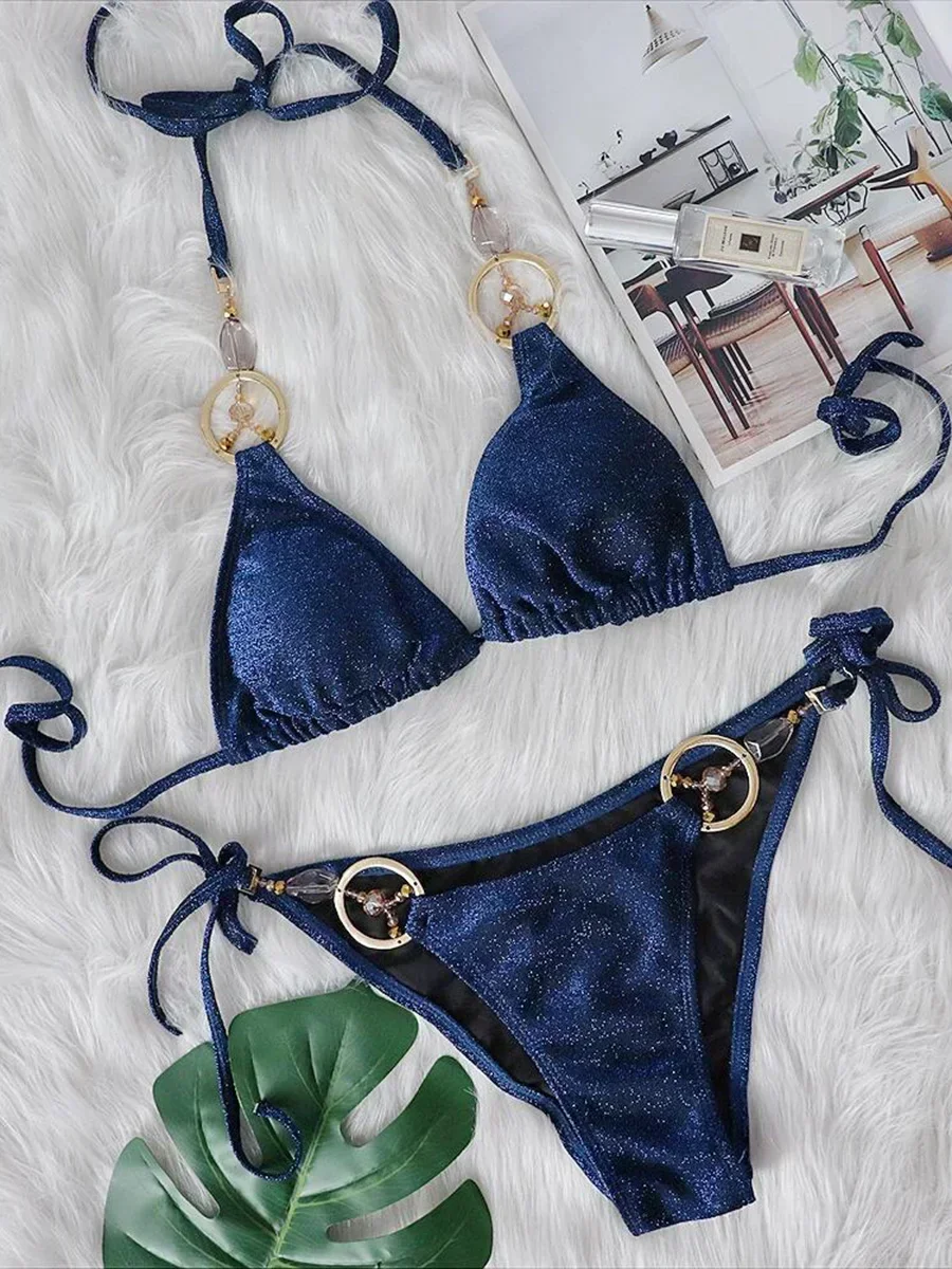 

2025 Сверкающий бразильский бриллиантовый бикини с лямкой на шее, женский купальник, женский купальник, комплект бикини из двух предметов, купальный костюм из искусственной кожи для плавания