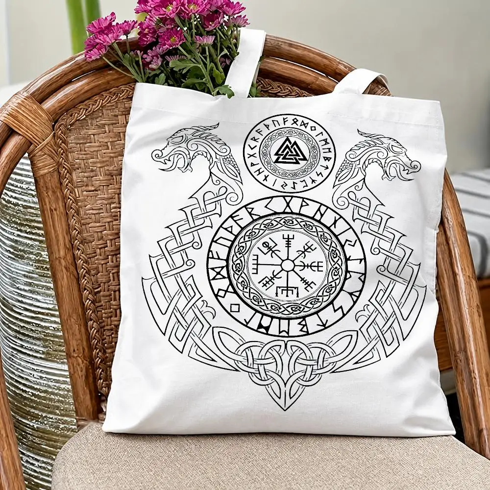 Vintage Culture Viking Storage Bags Eco Canvas Tote Odorless Reusable Double Print Shopping Bag