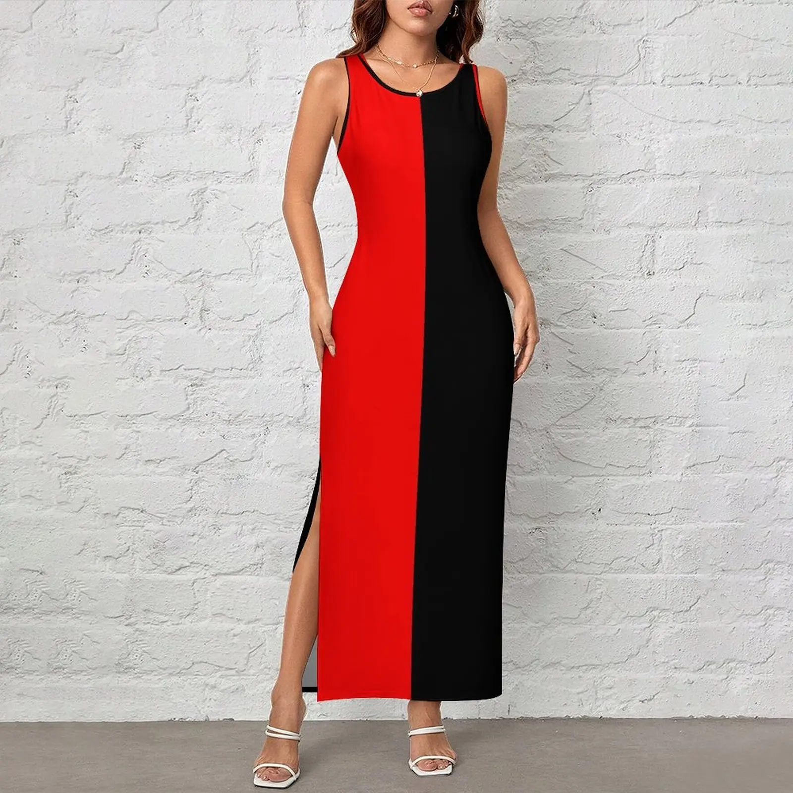 Two Tone Bodycon Dress Spring Red and Black Pretty Maxi Dresses Womens Sleeveless Custom DIY Street Wear Dress Large Size