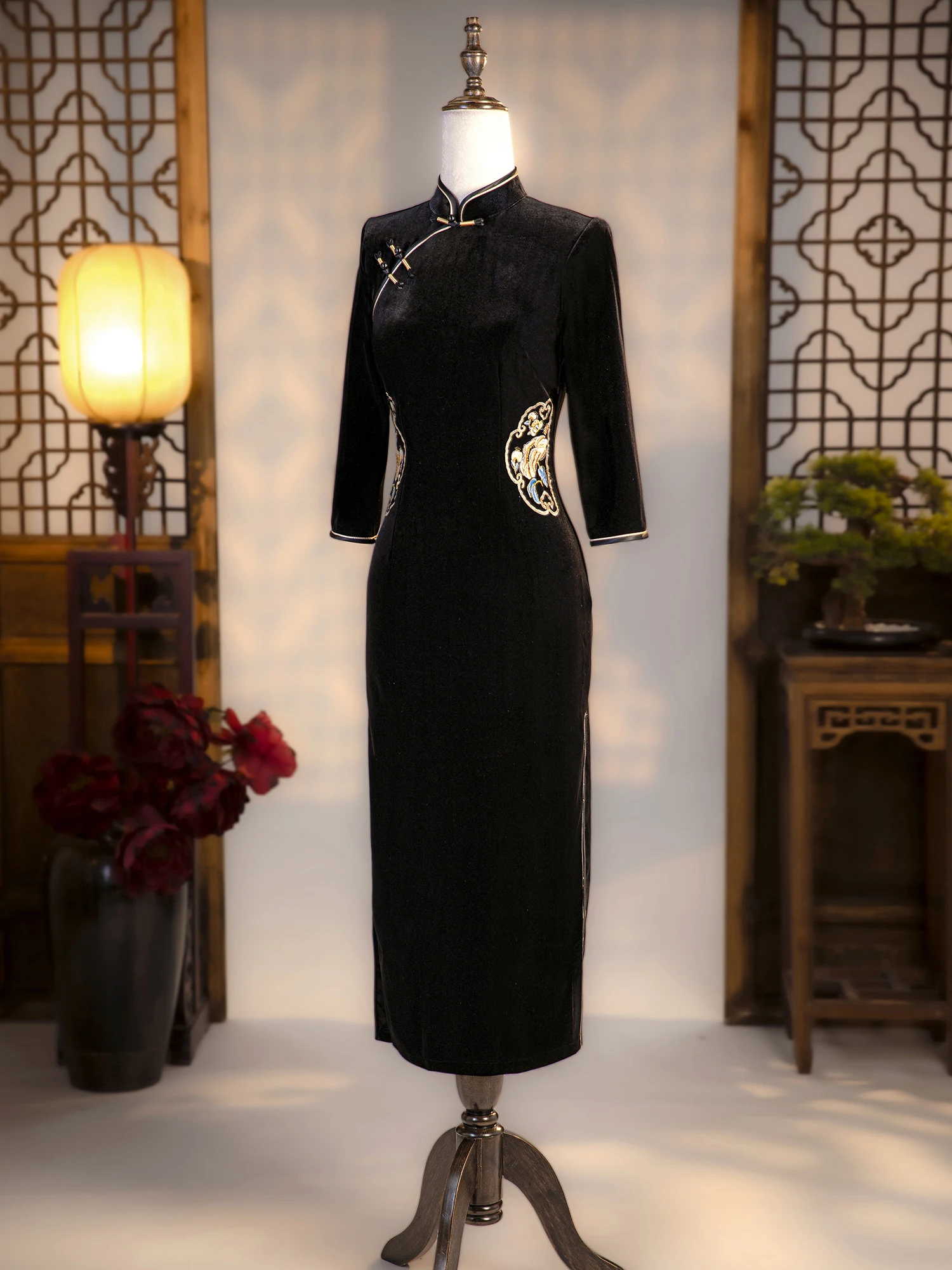 

Bla Velvet Long Sve Women's Faion Slim Fit New Chinese Sle Modified Mommy Autumn Winter High End Gown