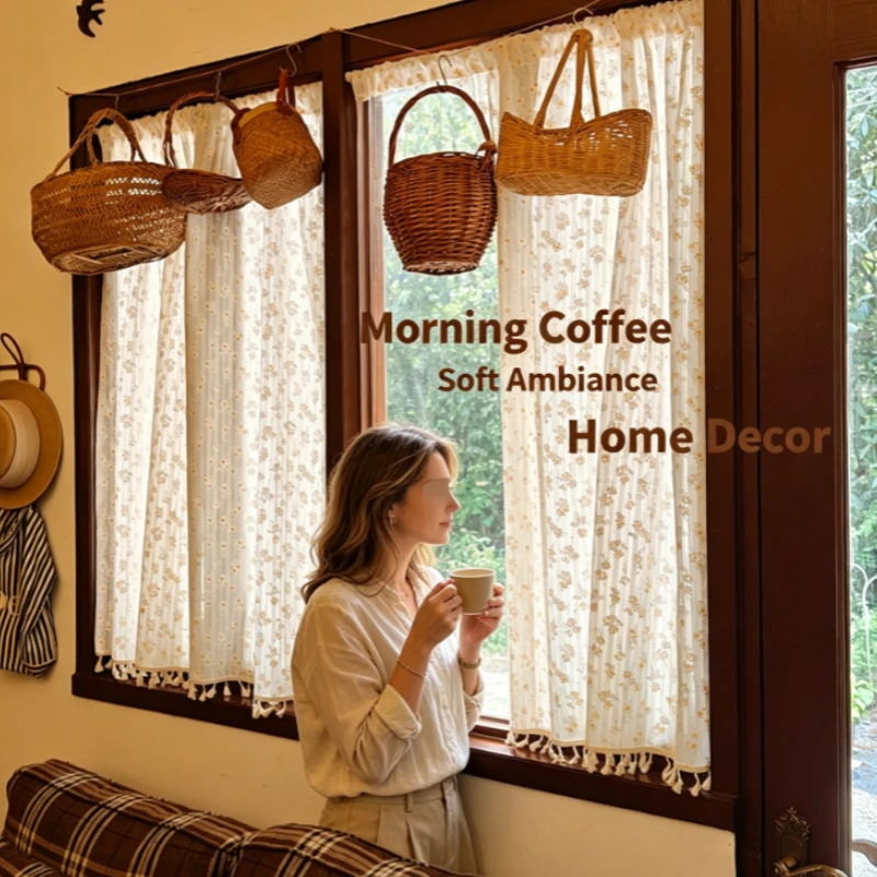 Floral Short Curtain Daisy Print Sheer Panel With Tassels For Kitchen Window Cabinet Door Home Decor Boho Style Drape