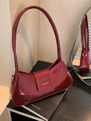 High Quality Burgundy Patent Leather Glossy Underarm Bag 2024 New Ladies Magnetic Buckle Zipper Crossbody Bags Elegant Handbag