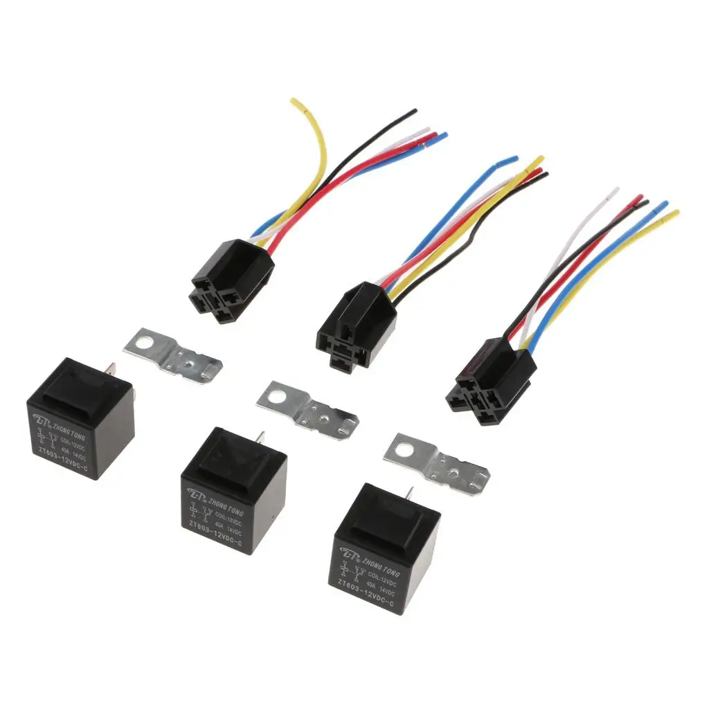 12V DC Automotive Relay 40A SPDT Car Relay 5 Pin with Molded 5 Wire Socket Bracket Kit for Fans Pumps
