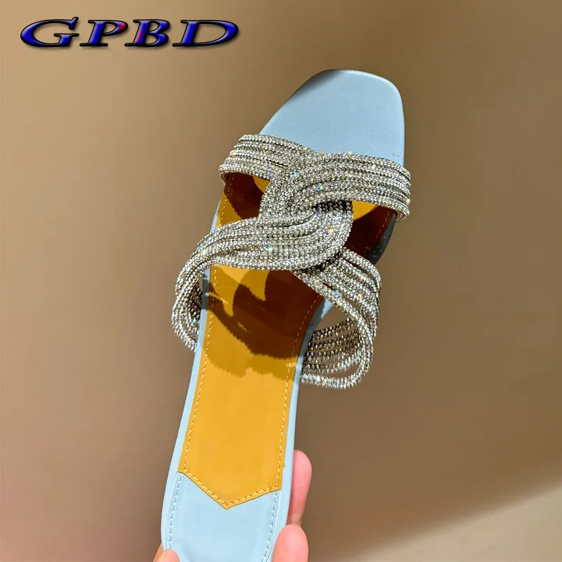 GPBD Designer Handmade Real Leather Crystal Women's Slippers Best Quality Ladies Flat Bottom Slippers Party Shiny Flat Sandal