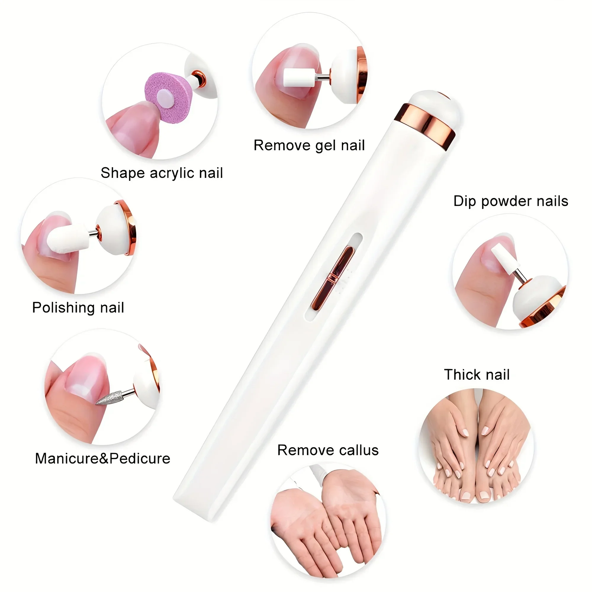 Máquina de broca elétrica unha polonês com luz, Mini portátil, Manicure Art Pen Tools, Gel Remover, 15 em 1