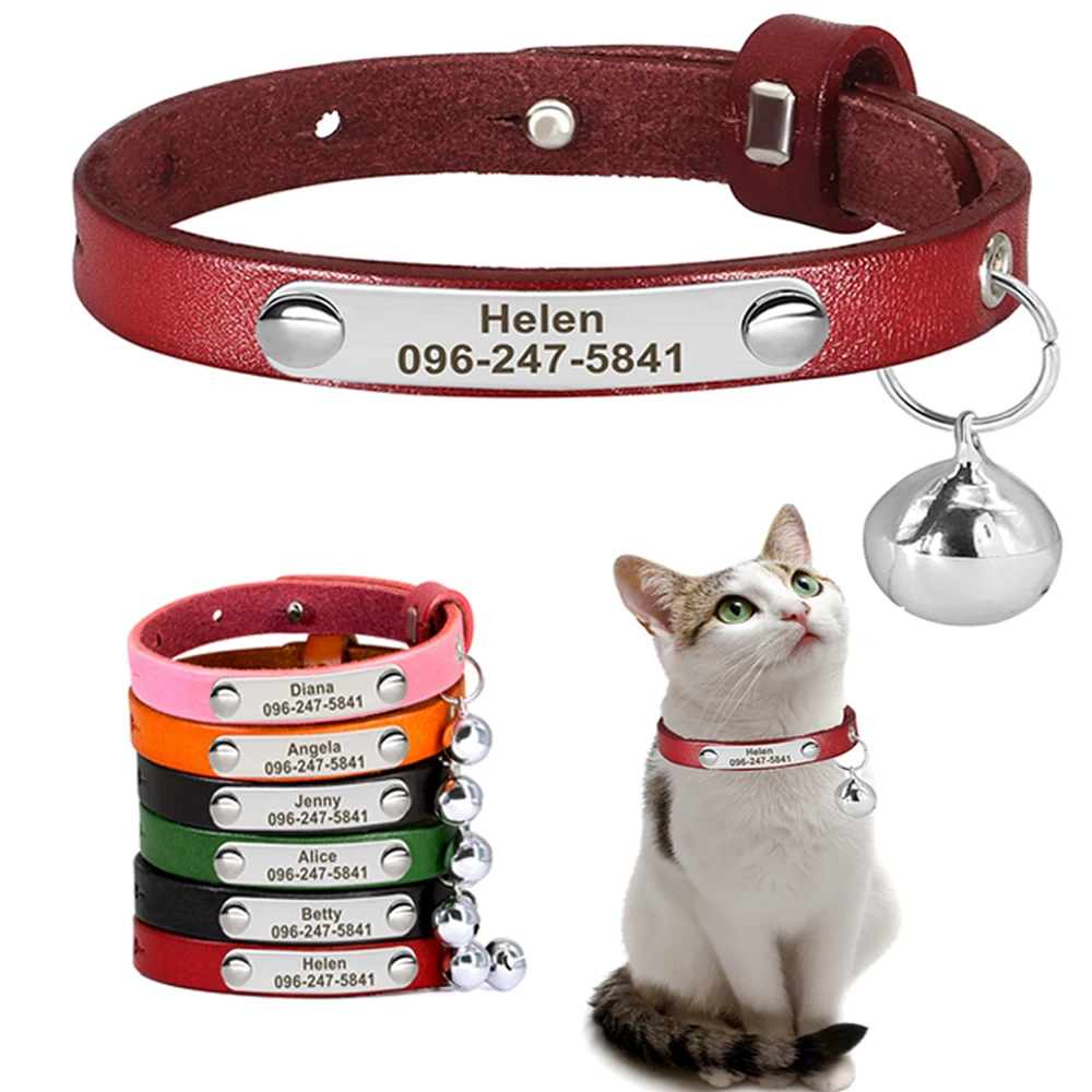 Collier personnalisé pour animaux de compagnie pour chats, collier réglable en cuir pour chaton avec étiquette nominative, collier Anti-perte pour chiot, cadeau gravé personnalisé