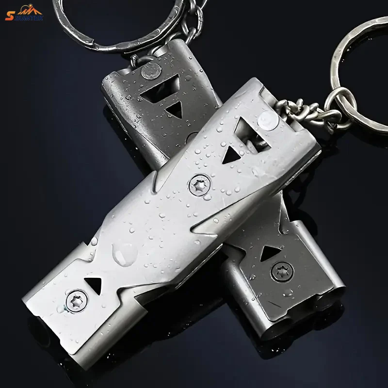 

High Decibel Whistle Keychain, Stainless Steel Double Three Pipe Camping Hiking Emergency Survival Whistles Outdoor Tools