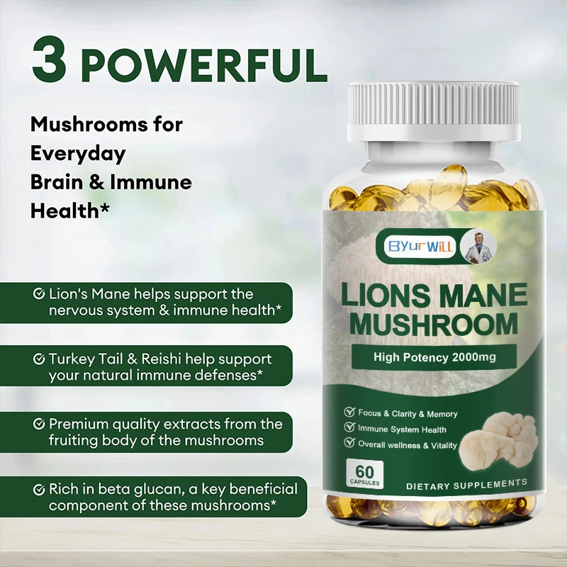 Natural Lion's Mane Mushroom Capsules Brain Nervous System Health and Memory Supplements Immunity Sleep Energy Mood Support