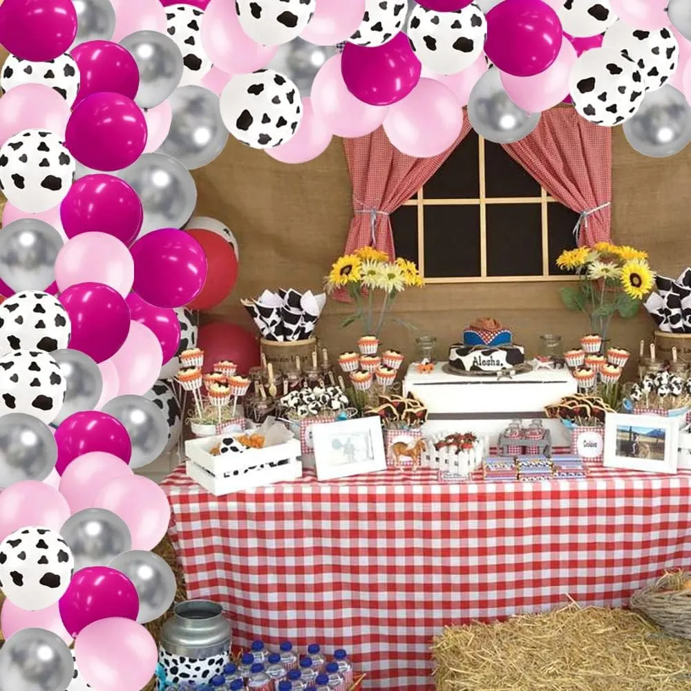 30pcs Rose Red Pink Cow Print Balloons Metallic Silver Latex For Cowgirl Birthday Last Rodeo Bachelorette Bride to be Decoration