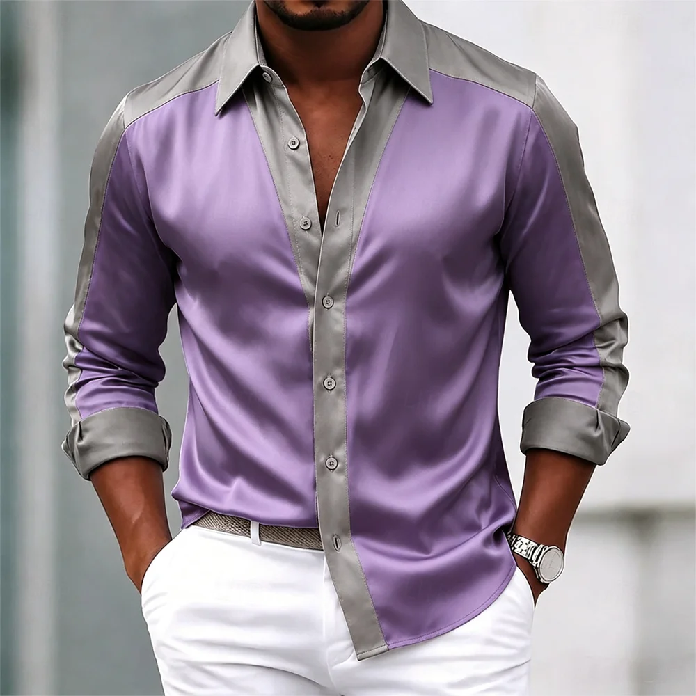 Men's shirt satin shirt dress shirt casual shirt button up shirt ball shirt color block party wedding long sleeved lapel spring