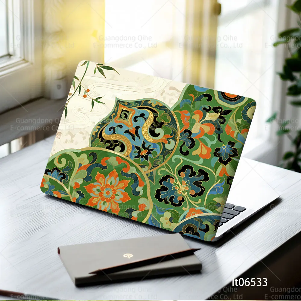 2PCS Chinese Style Bamboo & Bird Laptop Skin Sticker, Retro Red Palace Art Decal Cover for Macbook HP Dell Lenovo 11-17 inch