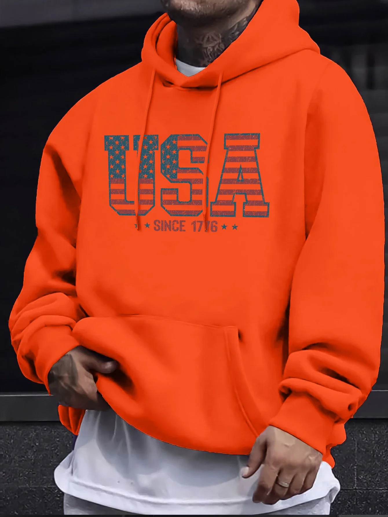 

Creative USA, 1776 Letter Print Fleece Men's Autumn/Winter Casual Basic Hoodie, Warm Couple Plus Size Hoodie, Streetwear
