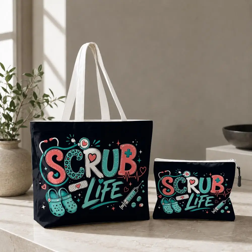 Nurse Life Storage Bags 2-Pcs Canvas Tote Bag with Zipper Reusable Tote Bags for Shopping Travel Work Gifts