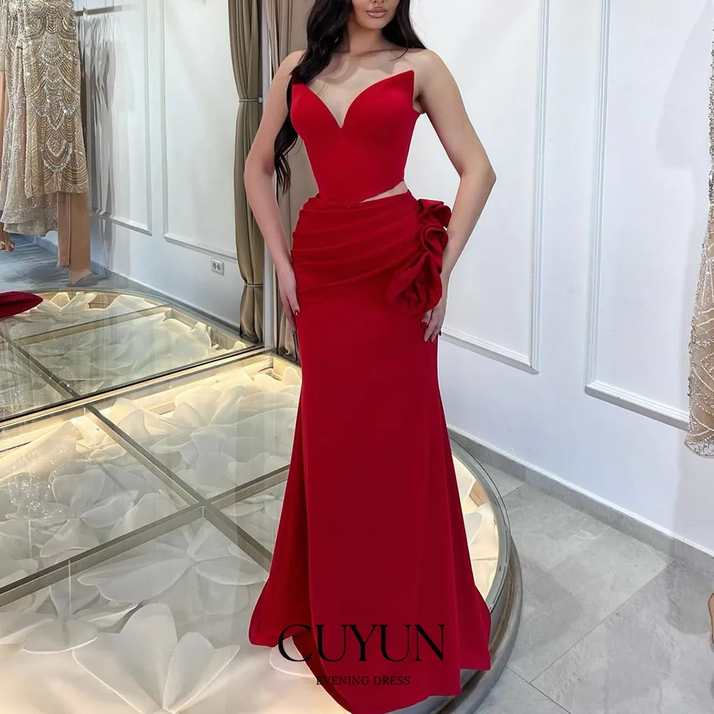 CUYUN Red Sexy Women Evening Gown for Special Occasion Strapless 3D Flowers Pleated Party Dresses Customized Banquet Dresses