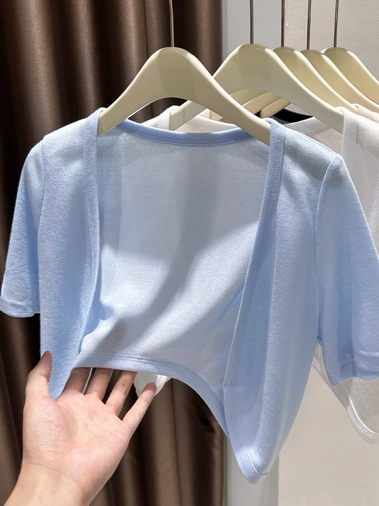 

Blue ort Knitted Ice Silk Open Cardigan Women Summer Breathable iny Vest Skirt Outer awl Thin Outerwear V-ne Color