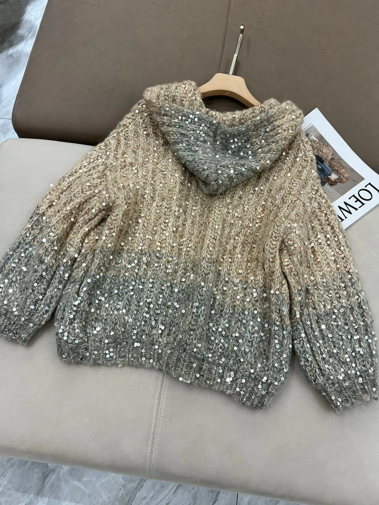 Autumn Winter B*C Women\'s Hooded Gradient Sequin Sweater Loose Cardigan Jacket Coat