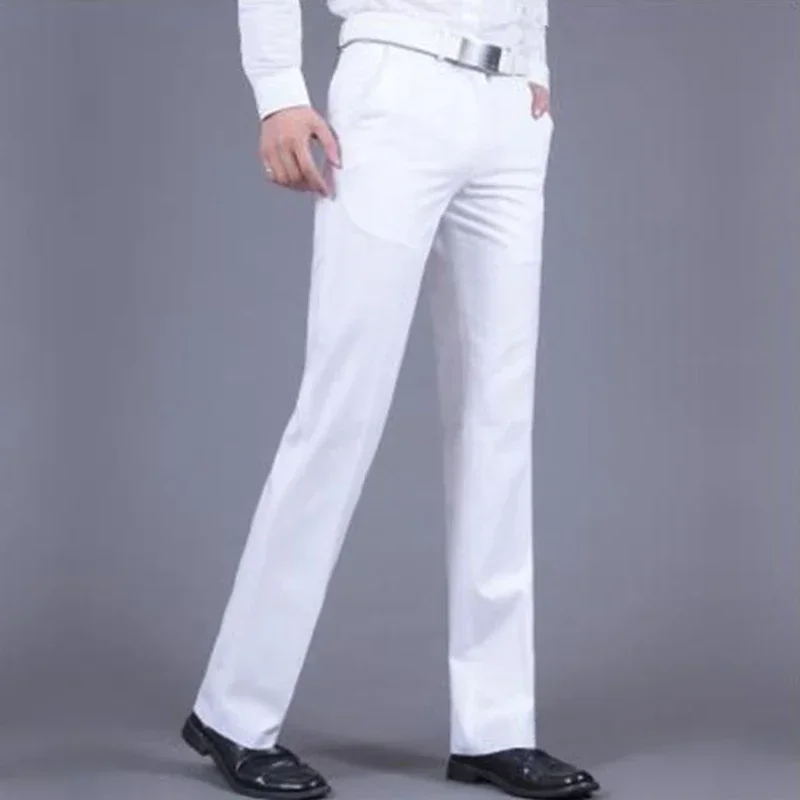 Slim Fit Male Suit Trousers Tressed Polyester White Men\'s Summer Pants Anti-wrinkle Up Tailoring Designer Clothes Work Wear 2024